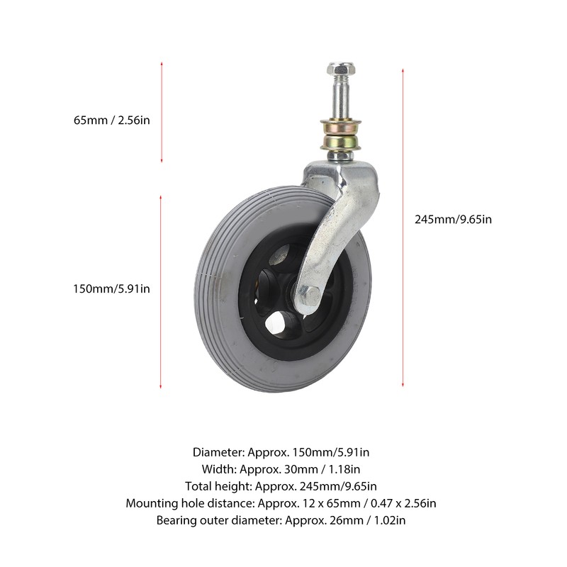 Wheelchair Replacement Wheel Grey 6 Inch PU Inflatable Universal Wheelchair