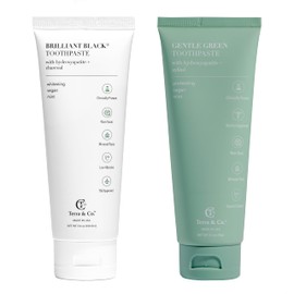 Terra & Co. Toothpaste Combo - Brilliant Black Whitening & Gentle Green Formulas for Sensitive Teeth - US-Made - Natural, Vegan, Remineralizing Hydroxyapatite - Fluoride-Free & SLS-Free - Mint, 3.4 Oz