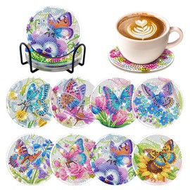 FILASLFT Diamond Art Coasters,Butterfly Diamond Art Coasters Kit,8 Pcs Diamond Painting Coasters,with Bracket Diamond Painting Coasters Kit,Diamond Art Gifts