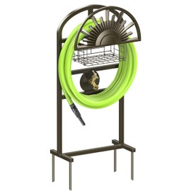 GOFORWILD Garden Hose Holder with Brass Faucet, Freestanding Water Hose Stand with Storage Basket, Detachable Heavy Duty Hose Reel Hanger Holds 150-Feet Hose for Outside Patio Yard Lawn