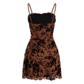 Verdusa Women's Mini Dress Floral Spaghetti Strap Mesh Dresses Going Out Festival Concert Outfits Grunge Gothic Clothes Brown Floral Medium