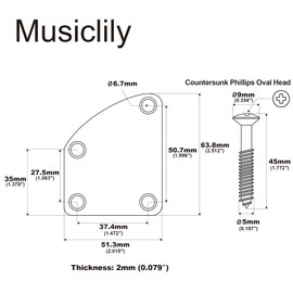 Musiclily 4 Hole Curved Guitar Neck Plate for Strat Tele Electric Guitar or Bass,Chrome