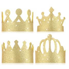 SynHHergyx 4 Pcs Gold King Crown Glitter Queen Crowns with Elastic Band Felt Birthday Crown for Birthday Celebration Photo Props Role Play Party Gathering