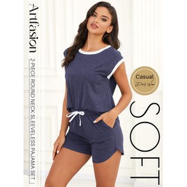Artfasion Women Short Sleeve Pajama: 2 Piece Summer Lounge Set Crew Neck Tops and Shorts Pj Sets Soft Sleepwear with Pockets for Wife Home Gifts Navy Blue Large