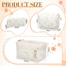 Zeyune 3 Pcs Cotton Quilted Makeup Bag Large Coquette Makeup Bag Travel Aesthetic Floral Makeup Bag Cute Kawaii Toiletry Cosmetic Pouch with Zipper for Women Gifts Home Bathroom (Apricot Peony)