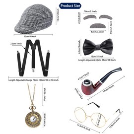 DIKARIYA 20s Grandpa Costume, Sherlock Holmes Detective Costume Accessory with Hat Elastic Y-Back Braces Bow Tie Beard Eyebrow Glasses Accessories for Men Masquerade Party (Design 3)