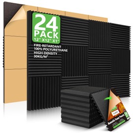 24 Pack Acoustic Panels, 1" X 12" X 12" Acoustic Foam Panels, Sound Proof Foam Panels, Self-Adhesive Soundproof Wall Panels ,Fire-Proofed Soundproofing Wedges,Acoustic Treatment Foams for Home-Black