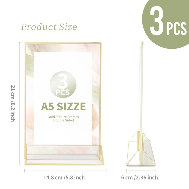 WeeGoo 3 Pack A5 Acrylic Sign Holder with Gold Borders,