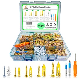 610pcs Self-Drywall Drilling Anchors with Screws, 5 Different Expansion Sizes Screw Set, Zinc Plated Steel Dry Wall Screws no Drilling Required, Easy to Install
