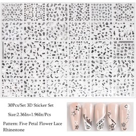 30 Sheets Black Flower Nail Art Stickers Decals 3D Self Adhesive Lace Butterfly Nail Stickers White Flower Stickers Daisy Floral Bow Tie Heart Nail Designs Manicure Tips Nail Decoration