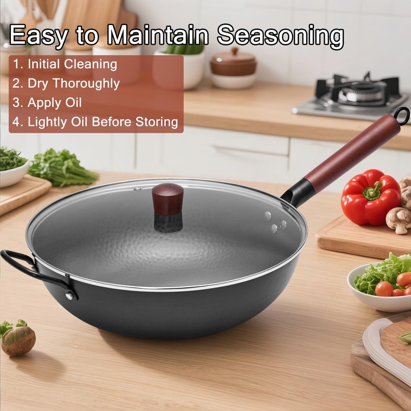 Wrought Iron Flat Bottom Wok with Glass Lid – Detachable