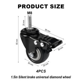 Set of 4 swivel castors with brakes M8 x 25 mm, heavy duty castors 50 mm for furniture, thread M8, rubber swivel castors, quiet and no traces, load capacity 210 kg.