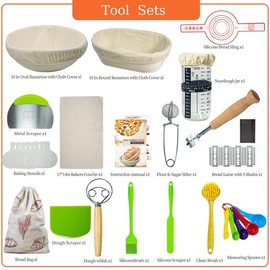 Bread Proofing Basket Set, 16pcs/set Including Round & Oval Banneton, Bread Lame, Sourdough Jar, Danish Whisk, Dough Scrapers, Bread Sling, Baking Supplies - Specification: 16pcs/set, Color: Multicolor