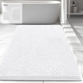 Lynorium Bathroom Rugs Sets 2 Piece, Thick Soft Absorbent Chenille Bath Mat, Upgrade Backing Non Slip Washable Quick Dry Bath Rugs for Bathroom, Tub and Shower, (24x17+31x20, White)