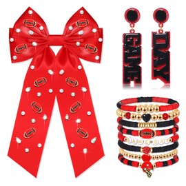 Game Day Accessories Outfits for Women Game Day Hair Bows Beaded Football Hair Bow Clips Large Silky Satin Hair Ribbons Heishi Bracelets Tassel Earrings Team Spirit Football Mom Accessories Gifts