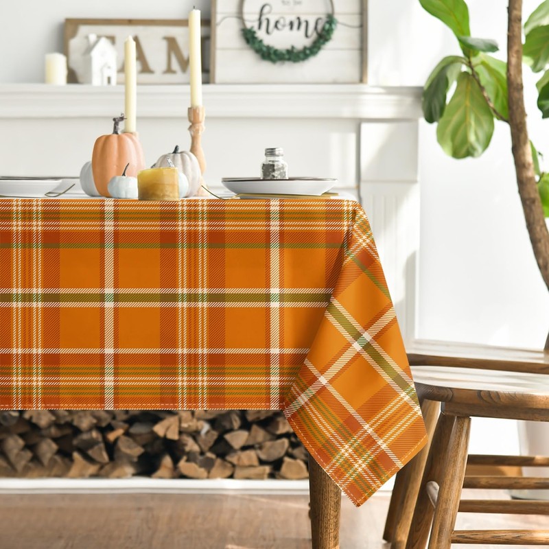 Horaldaily Fall Tablecloth 52×70 Inch Rectangular, Autumn Buffalo Plaid Orange
