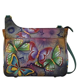 Anna by Anuschka Women's Genuine Leather Medium Asymmetric Dual Pocket Cross Body| Hand Painted Original Artwork | Butterfly Paradise