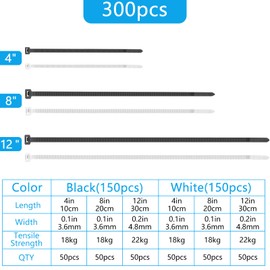 300 Pcs Cable Zip Ties Heavy Duty, Tie Wraps 4+8+12 Inch Black Whtie Cable Straps Durable Auto-Locking Cord Wraps for Home Office Gardening