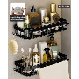 Styptika 2 - Pack Aluminum Shower Caddy with 2 Towel Bars and 4 Fixed Hooks,No Drill Wall Mount Adhesive Shower Shelves for Inside Shower,Black Rustproof Premium Shower Organizer for Bathroom,Kitchen