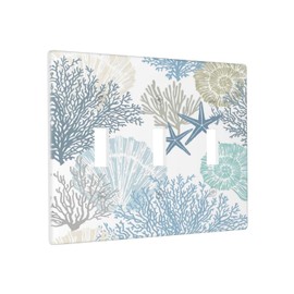 tulpock Nautical Beach Starfish Seashell Decorative Light Switch Cover Blue Teal Coral 3 Gang Triple Toggle Wall Plate Switchpalte Electrical Faceplate for Bathroom Kitchen Home 6.4"x4.5"