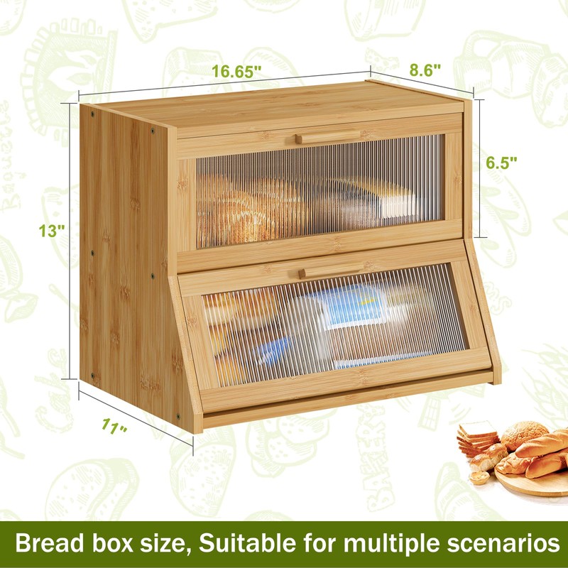 Large Bread Box Double Layer Bamboo Bread Box for Kitchen