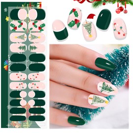 EBANKU Christmas Semi Cured Gel Nail Strips, 24PCS Christmas Gel Nail Stickers Long Lasting Gel Nail Strips- Easy to Apply & Remove for Salon Quality Manicure| French Green Pink