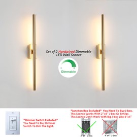 Reddragon lighting Set of 2 Hardwired Modern Narrow Slim Long Tube Wall Sconce Linear Dimmable 24 Inch Gold Mirror Vanity Light for Bathroom Foyer Bedroom Corridor (2 Pack, 24'', Gold, Dimmable)