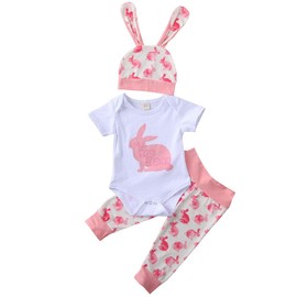 HodJIU Baby Boy Girl My First Easter Outfits Romper + Bunny Pants + Rabbit Ears Hat 3 Piece Clothes Set Easter Gifts Newborn Unisex (pink, 0-3 Months)
