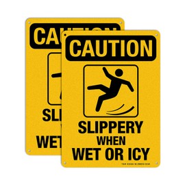 Slippery When Wet Or ICY Sign, Caution Sign, 2 Pack, 10" x 7" Rust Free .040 Aluminum, UV Protected, Waterproof, Weatherproof and Fade Resistant, 4 Pre-drilled Holes