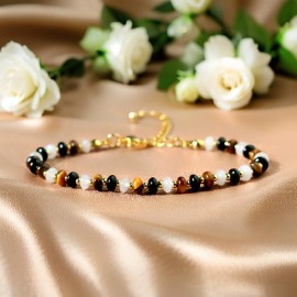 Unbranded Natural Tiger Eye Black Tourmaline Quartz Triple Protection Dainty Bracelet