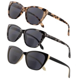 FEIVSN 3 Pack Bifocal Reading Sunglasses for Women Men, Fashion Cateye Bi-focal Sun Readers Glasses Outdoor Spring Hinge, Grey Leopard/Black + Yellow/Orange Leopard, +2.50