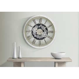 LJLB Elegant 30" Round Wall Clock with Gear Mechanism, Non-Ticking Design, White Finish, Oversized for Home Decor