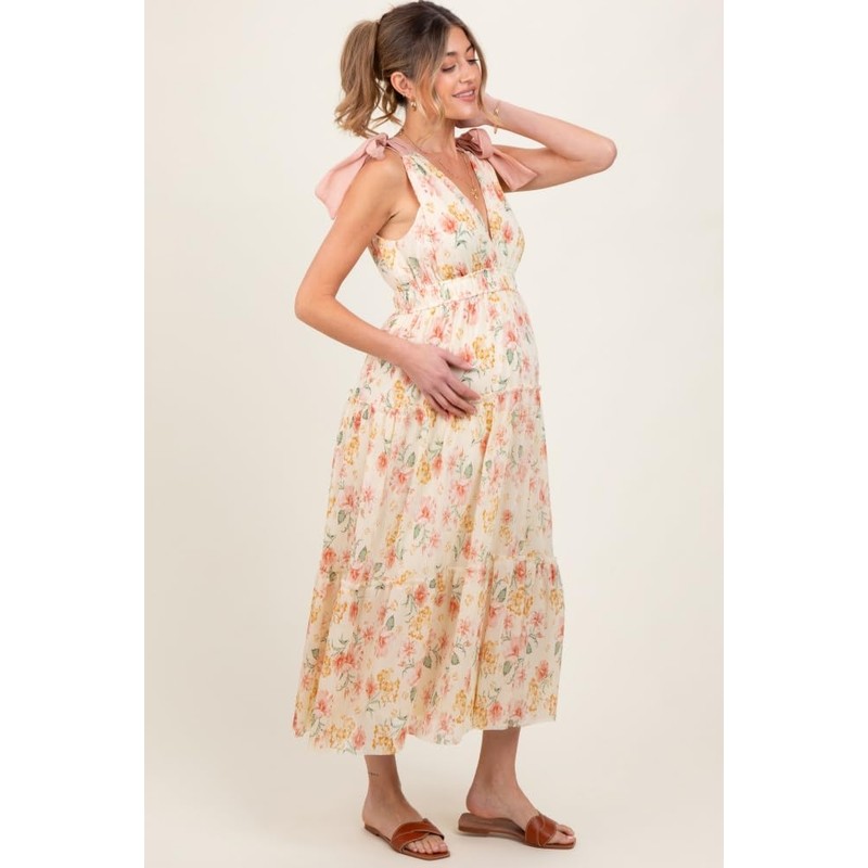 PinkBlush Cream Floral Shoulder Tie Deep V-Neck Tiered Maternity Maxi
