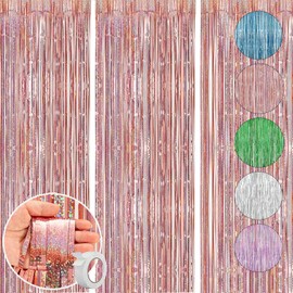 3 pcs Rose Gold Metallic Tinsel Foil Fringe Curtain，Tinsel Streamer Curtains Photo Booth Props,（Double-Sided Tape Will be Given ） for Bachelorette Party Decorations Supplies Christmas New Year
