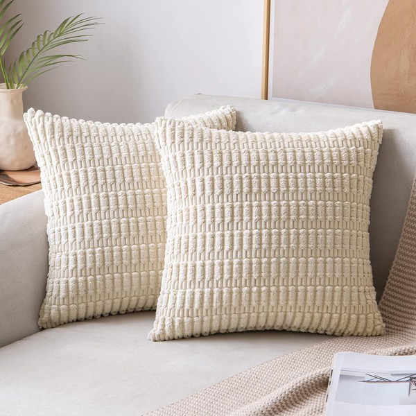 MIULEE Pack of 2 Corduroy Cream White Square Cushion Covers Christmas Pillows 40x40 cm 16x16 inch Boho Decorative Throw Pillowcase for Living Room Sofa Bedroom