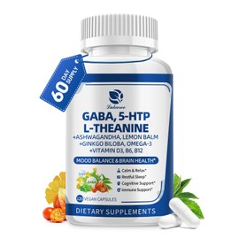GABA Supplements 750mg with L Theanine, 5HTP, Ashwagandha, Lemon Balm, Ginkgo Biloba, Omega-3, 10 in 1 GABA Calm Capsules for Sleep, Relaxation, Focus, Mood Support, Cortisol Balance - 120CT