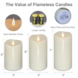 3 Pack Flickering Flameless Candles Battery Operated with Timer, 3D Moving Flame Last 1000+ Hours, Ivory Real Wax Electric LED Pillar Candle for Wedding Christmas Decorations
