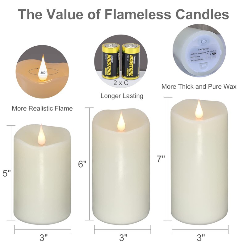 3 Pack Flickering Flameless Candles Battery Operated with Timer, 3D