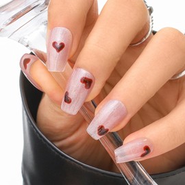 Sethexy Valentines Day Handmade Press On Nails Medium Coffin Pink Cat Eye False Nails Red Heart Design Acrylic Glossy Fake Nails for Women and Girls 10PCS