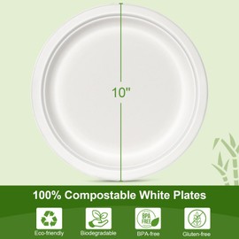 Qi Boo Compostable 10 Inch Disposable Paper Plates [60 Pack] - Heavy Duty Eco-Friendly Sugarcane Fiber Plates for Parties, Weddings, Camping, White Large Biodegradable Sturdy Soak-proof