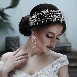 ULAPAN Diademas de boda, flores, tocados de novia, pedrería, enredadera para el cabello, accesorios para el cabello de cristal plateado para mujer (diademas y aretes)