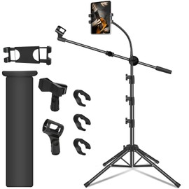 Mic Stand, Microphone Stand Floor Boom Mic Stand with Tablet Phone Holder Height Adjustable Four-legged Stand Gooseneck Boom Arm with 2 Mic Clips for Singing Stage Performance Party