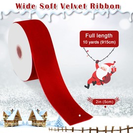 10 Yard Wide Christmas Velvet Ribbon, Luxiv 2 in Single Face Ribbon for Wrapping Satin Dark Green Velvet Ribbon Decoration, Christmas, Wedding Wide Velvet Ribbon (Red)