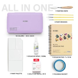 HIMI Deluxe 18 Colors Jelly Gouache Paint Gift Set – Complete Art Kit with Pad, Spray, Palette, Brushes, Painting Knife, Foldable Bucket & Refills for Beginners, Students & Artists (Purple)