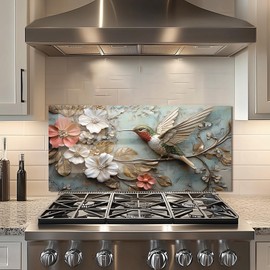 fzxwyishu Tempered Glass Kitchen Backsplash, Stove Back Top Cover, Splashback Tile,Metal three-dimensional hummingbird Kitchen Sink Cover Splash Guard, Home Kitchen Decor (30"x14"(76.2x35.56cm))