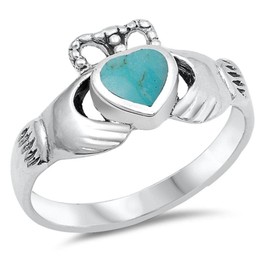 Simulated Turquoise Polished Claddagh Heart Ring New .925 Sterling Silver Band Size 6