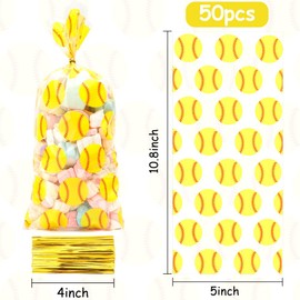 50 PCS Plastic Softball Cellophane Treat bags with Ties Goodie Candy Gift Bags Baby Shower Birthday Sport Gold Balls Game Team Party Decorations Favors Supplies Craft Baseball Pouches Clear(5x11)