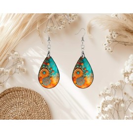Twisted R Design Orange Turquoise Floral Wood Dangle Teardrop Print Earrings Jewelry