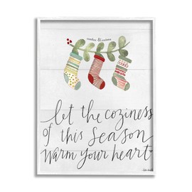 Stupell Industries Coziness of This Season Phrase Festive Holiday Stockings, Designed by Katie Doucette White Framed Wall Art, 24 x 30