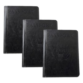3-Pack Passport Holder Wallet, Vaccine Card, Leather Cover Waterproof BLACK